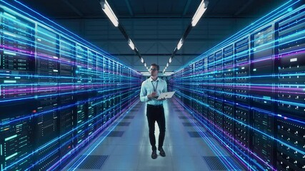 Wall Mural - Futuristic Animated Concept: Big Data Center Chief Technology Officer Using Laptop Standing In Warehouse, Information Digitalization Lines Streaming Through Servers. SAAS, Cloud Computing, Web Service