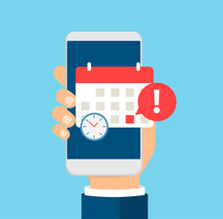 Poster - Calendar and clock on smartphone screen. Planning, schedule app, timetable, reminder app concepts