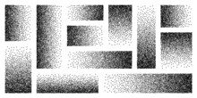 Stipple Pattern, Dotted Rectangular Design Elements. Stippling, Dotwork Drawing, Shading Using Dots. Pixel Disintegration, Random Halftone Effect. White Noise Grainy Texture. Vector Illustration