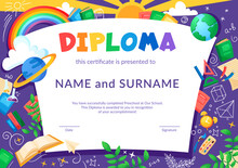 Colorful School And Preschool Diploma Certificate For Kids And Children In Kindergarten Or Primary Grades With School Pack, Kit And Cute Cat. Vector Cartoon Flat Illustration
