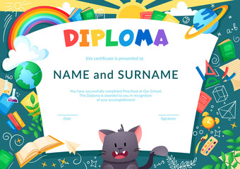Colorful school and preschool diploma certificate for kids and children in kindergarten or primary grades with school pack, kit and cute cat. Vector cartoon flat illustration