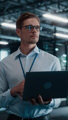Aufkleber - Vertical Screen. Big Data Center Chief Technology Officer Using Laptop Computer. Server Farm Cloud Computing Facility with System Administrator Working. SAAS, Cloud Computing, Cyber Security