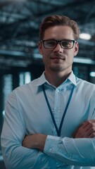 Poster - Vertical Screen. Data Center Portrait of Smiling Chief Technology Officer Wearing Glasses Walks into Focus, Looks at Camera. Cloud Service System Administrator. SAAS, Cloud Computing, Cyber Security