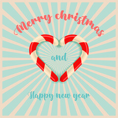 Aufkleber - Сhristmas card retro vector illustration. Merry Christmas and Happy New Year greeting card with cute candy heart on sunrays background. Vintage Christmas Greeting Card.	