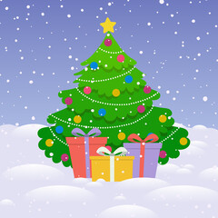 Wall Mural - Christmas and new year background. Christmas tree with gift boxes. Vector illustration