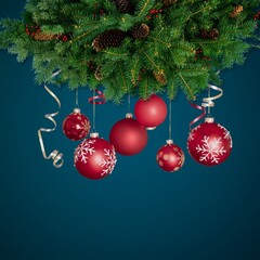 Poster - Fir branch with Christmas decoration on a painted background.