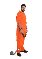 Wall Mural - Prisoner in jumpsuit with chained hands and metal ball on white background