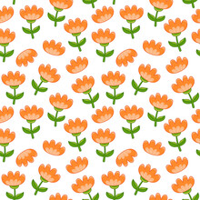 Seamless Pattern With Cute Orange Flowers On A White Background. Spring Tulips, Delicate Decoration For Packaging. Vector Illustration In Minimalistic Flat Style, Hand-drawn. Print For Textiles.