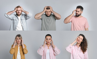 Canvas Print - Collage with photos of people suffering from headache on light grey background. Banner design