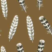 Boho Seamless Pattern With Brown Watercolor Painted Feathers. Original Background For Design And Fabric.