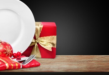 Sticker - Christmas decor and cutlery with a plate on the desk.