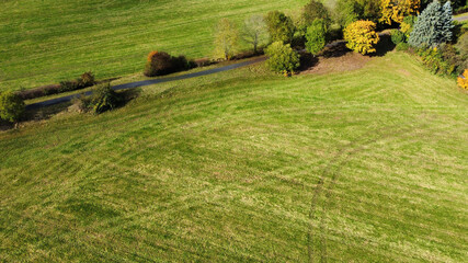 Aerial shot of a green grass field on a sunny day