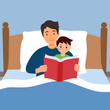 Father reading story for his son in bedroom vector illustration. Children bedtime story book.