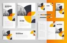 Circles Geometric Theme Set Flyer Cover, Tri-fold, Banner, Roll Up Banner, Business Card Orange Color