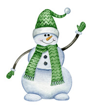 Cute Snowman In A Knitted Hat And Scarf. Watercolor Winter Childrens Illustration. Christmas Cartoon Character.  Isolated Clipart Element On White Background.
