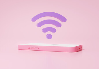 Poster - Minimal cartoon style Wifi icon with Smartphone hotspot signal release concept. cute smooth on pink background. 3d render illustration