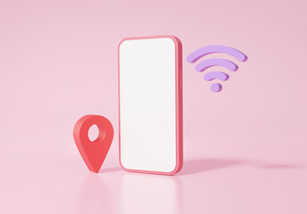 Fototapete - Hotspot signal release concept. area, pin pointer and Wifi with Smartphone white screen on pink background. Minimal cartoon. 3d render illustration