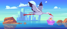 White Stork Carry Newborn Baby Girl In Bag Flying Over Sea Bay Cityscape View. Child Delivery, Birth Announcement, Greeting And Congratulation, Baby Shower Celebration Cartoon Vector Illustration