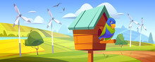 Cute Parrot In Birdhouse In Countryside With Green Fields And Wind Turbines. Vector Cartoon Illustration Of Spring Landscape With River, Grass, Windmills And Funny Parrot In Wooden Bird House
