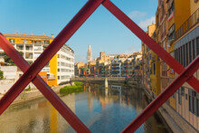 Beautiful View Of The Cityscape With The Onyar River And Colorful Buildings In Girona, Spain