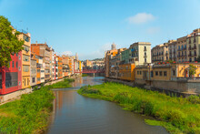 Beautiful View Of The Cityscape With The Onyar River And Colorful Buildings In Girona, Spain