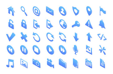 Poster - Isometric web icons with symbols of mail, search, home, globe and photo. Vector set of blue buttons for website, computer or phone with signs of media, message, calendar, music and download