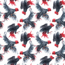 Beautiful Vector Seamless Pattern With Watercolor Black Roosters. Stock Illustration.