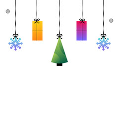 Wall Mural - Cute and colorful christmas gifts, christmas trees, snowflakes, hanging on ropes. Vector illustration, banner, header for winter holidays design.
