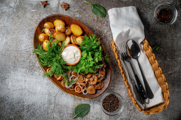 Canvas Print - Serving a dish from a restaurant menu: country-style baked potatoes with pickled mushrooms and onions, cream sauce, dill and parsley greens on a plate against the background of a gray stone table
