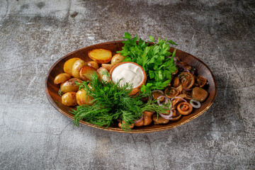 Poster - Serving a dish from a restaurant menu: country-style baked potatoes with pickled mushrooms and onions, cream sauce, dill and parsley greens on a plate against the background of a gray stone table