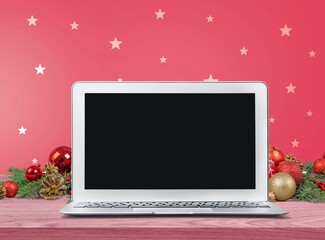 Sticker - Christmas shopping online concept. Laptop with gifts. Holiday winter sales, discounts, e-commerce