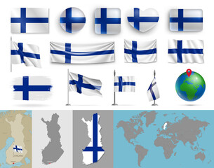 Wall Mural - finland flags of various shapes and country map set. realistic finnish flags, glossy buttons in patr