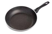 Empty Frying Pan With Non-stick Coating And Black Handle On White Background
