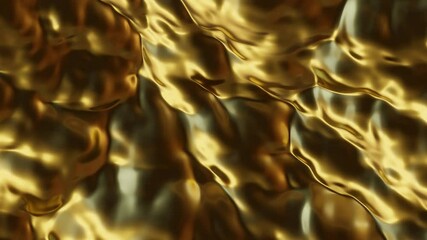Poster - Golden waves of shiny liquid metal flowing in slow motion. Abstract glossy gold color background.