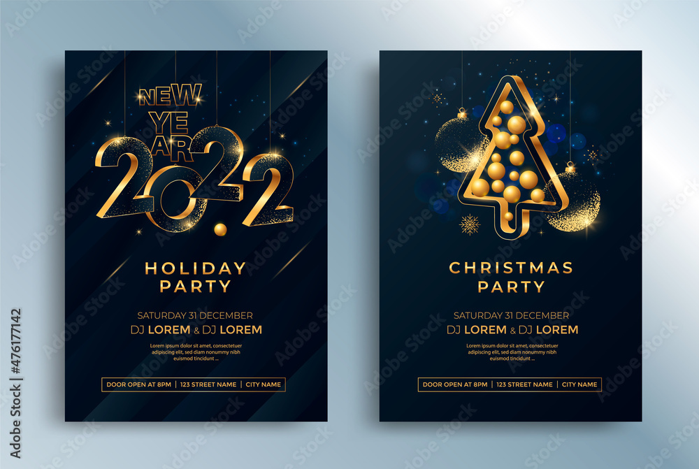 Happy New Year 2022 gold numbers typography greeting card design on ...