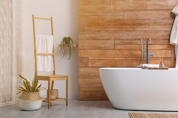 Poster - White tub and beautiful plants in bathroom, Interior design