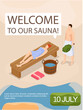 Welcome to our sauna advertising poster. Man with green broom, girl lie on wooden bench in bath. Heat therapy, relaxation and rest. People relax and steam in traditional russian banya or finnish sauna