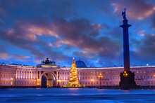 Saint Petersburg Christmas. Russia New Year. Christmas Tree On Palace Square. Alexander Column On Winter Night. New Year Decorations In Saint Petersburg. Sights Of St. Petersburg. Russian Federation