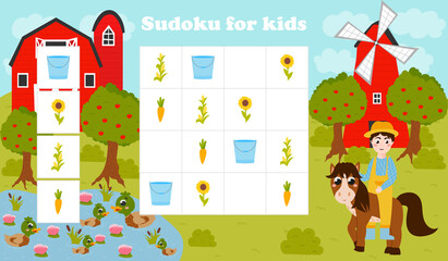 Wall Mural - Colorful sudoku game for kids with farmer and horse, pond with ducks, barn and farm objects in cartoon style