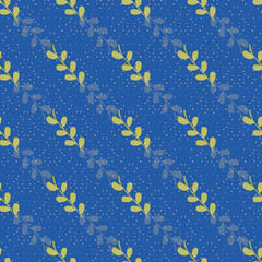 Poster - Diagonal green leafs on blue background seamless repeat pattern print background