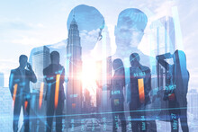 Creative Image Of Businesspeople Working Together On Abstract City Office Background With Daylight And Forex Chart. Teamwork, Trade, Stock And Finance Concept. Double Exposure.