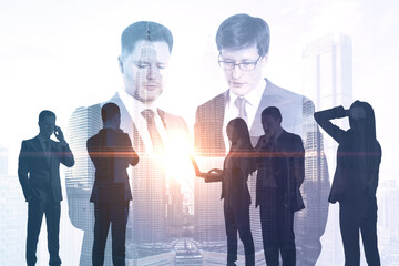 Sticker - Bright image of businesspeople working together on abstract city office background with daylight. Teamwork and finance concept. Double exposure.