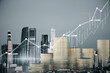 Image of stacked coins and business chart on blurry city background. Finance, economic growth and trade concept. Double exposure.