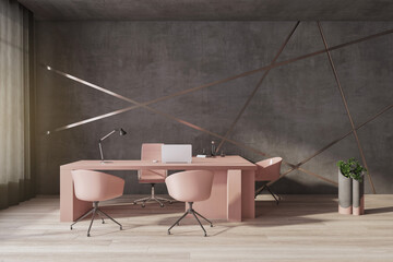 Poster - Modern luxury designer office interior with decorative concrete wall, wooden flooring and plant. 3D Rendering.