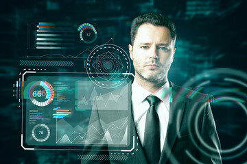 Poster - Portrait of businessman with creative interface hud screen on dark background. Future and innovation concept. Double exposure.