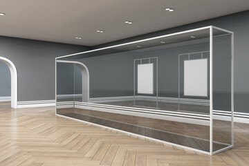 Poster - Modern exhibition hall interior with wooden flooring, arch entrance and empty glass showcase with mock up place. Art and gallery concept. 3D Rendering.