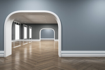 Poster - Modern exhibition hall interior with wooden flooring, arch entrance and mock up place on wall. Art and gallery concept. 3D Rendering.