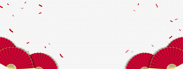 Wall Mural - oriental style white gray wave pattern banner background with red folding fans at borders