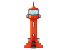 Red Lighthouse On Ocean Or Sea Cartoon Shore Or Island Construction Isolated Tower With Lantern. Construction With Big Floodlight To Light The Way Water Transport, Gives Signals To Ships In Dark