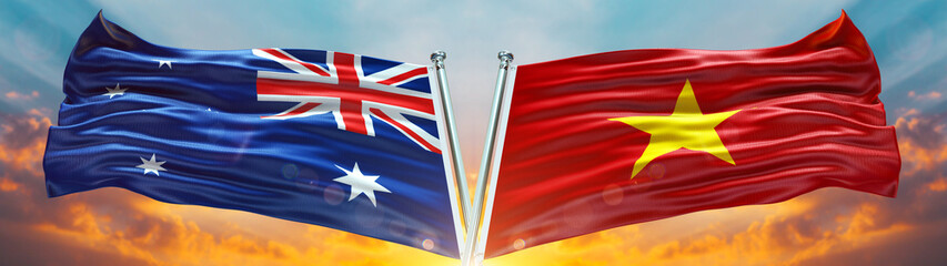 Wall Mural - Australia flag and Vietnam Flag waving with texture sky Cloud and sunset Double Flag 